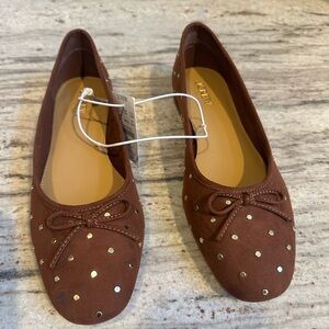 Women's Brown Studded Bow Ballet Flats J Crew faux suede